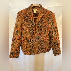 Textured tapestry-style cropped jacket in rich autumn tones